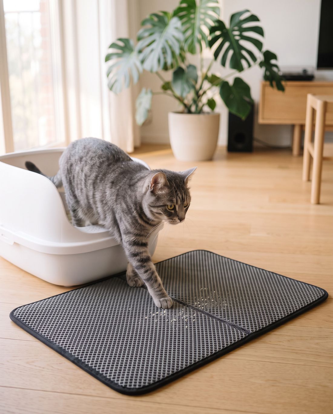 Grey tabby cat stepping out of the litter box onto the KittyStep mat