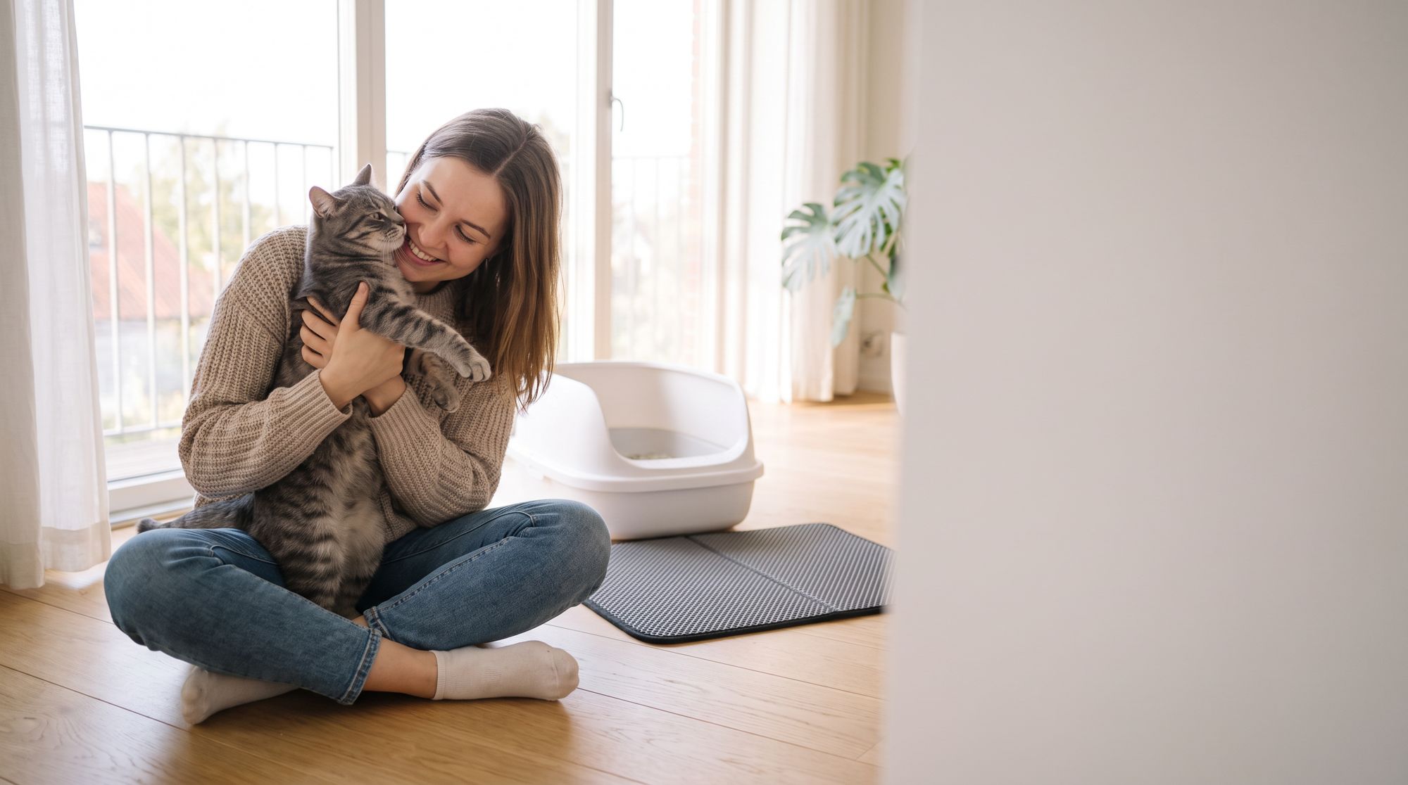 Woman hugging her grey tabby cat at home